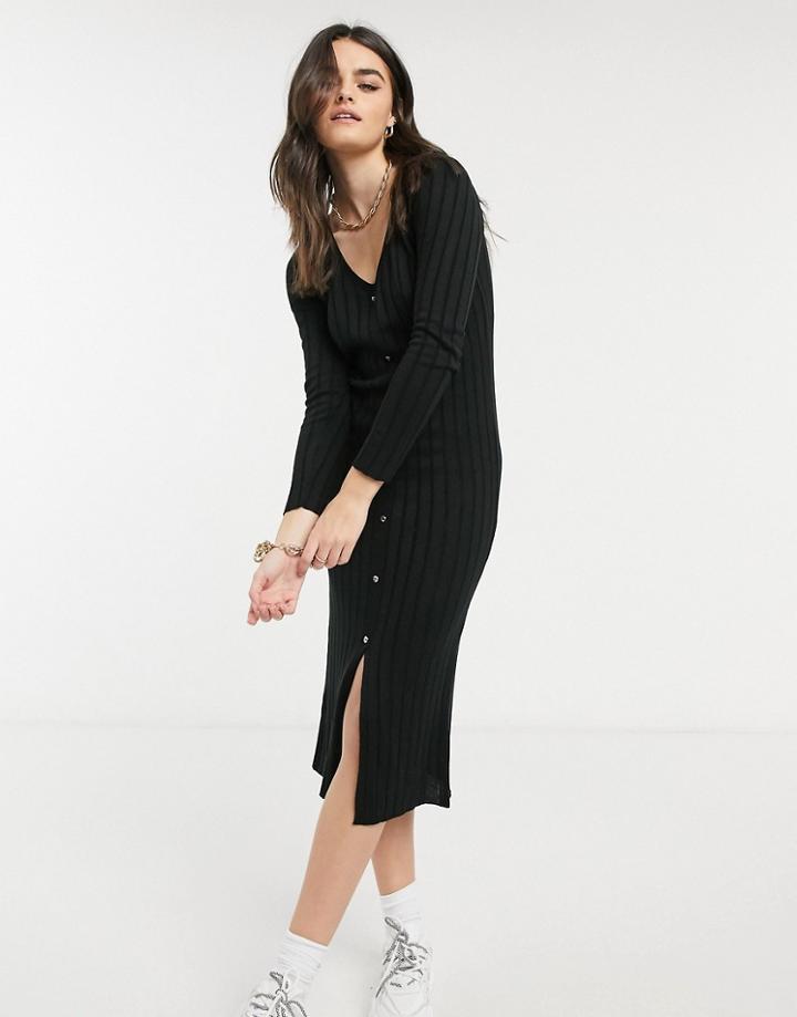 Asos Design Ribbed Midi Dress With Button Front Placket In Black