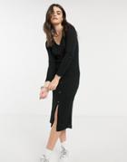 Asos Design Ribbed Midi Dress With Button Front Placket In Black