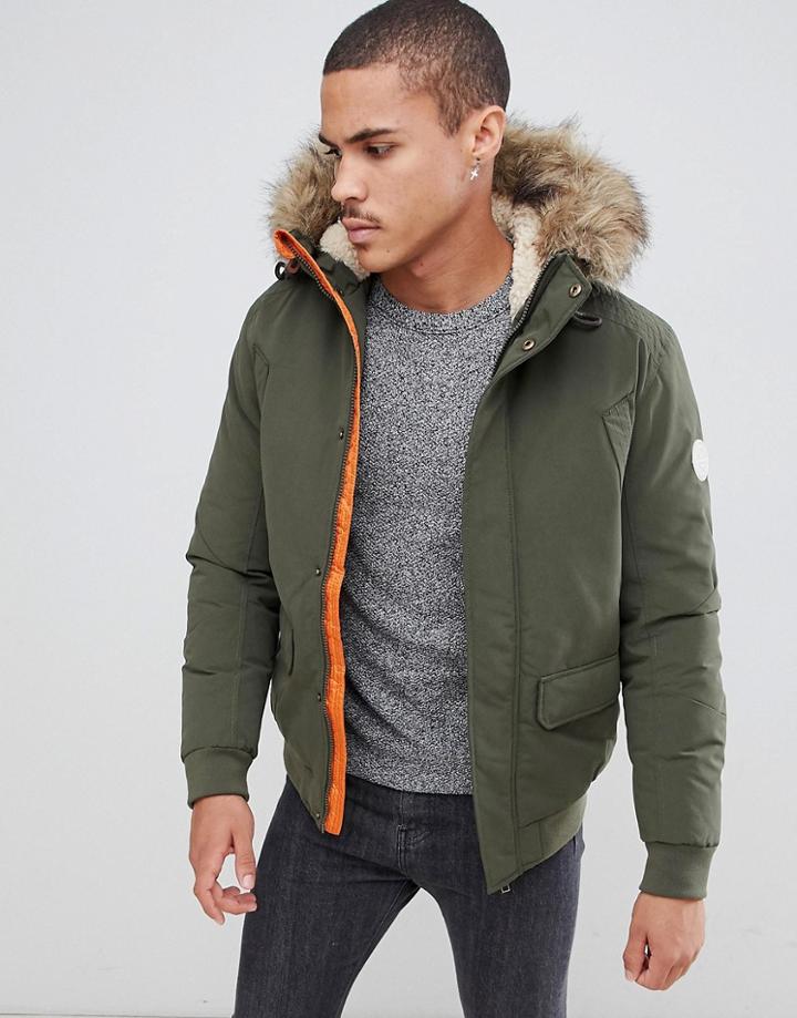 Jack & Jones Originals Short Parka With Faux Fur Hood - Green