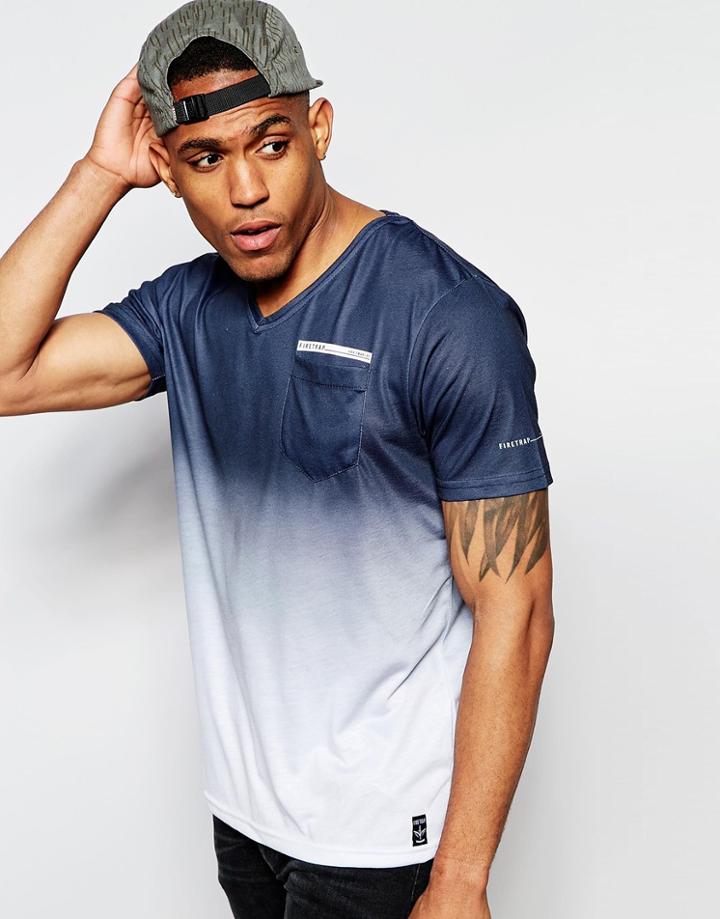 Firetrap Ribbed V-neck Dip Dye T-shirt - Gray