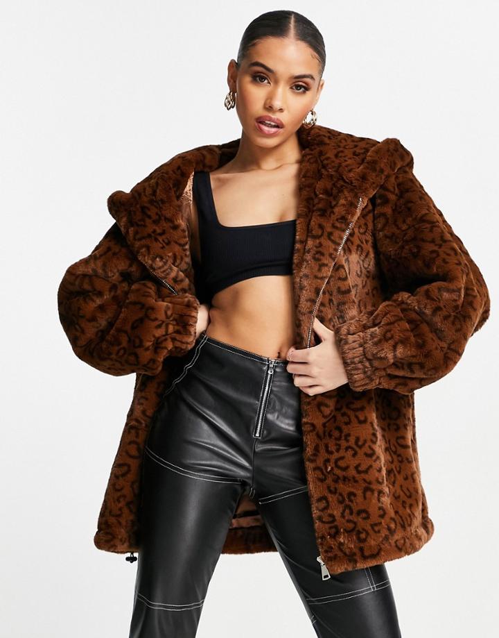 Jayley Animal Print Hooded Jacket In Brown