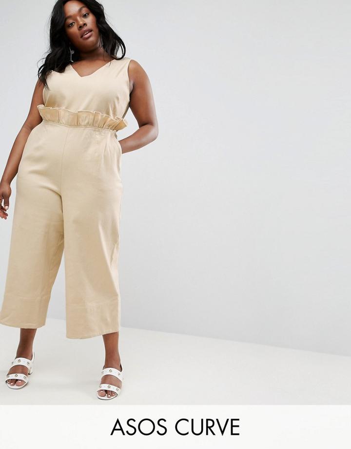 Asos Curve Twill Jumpsuit With Ruffle Waist - Stone