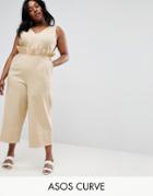 Asos Curve Twill Jumpsuit With Ruffle Waist - Stone