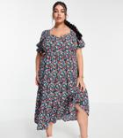 Yours Tie Back Puff Sleeve Midi Dress In Multi Floral