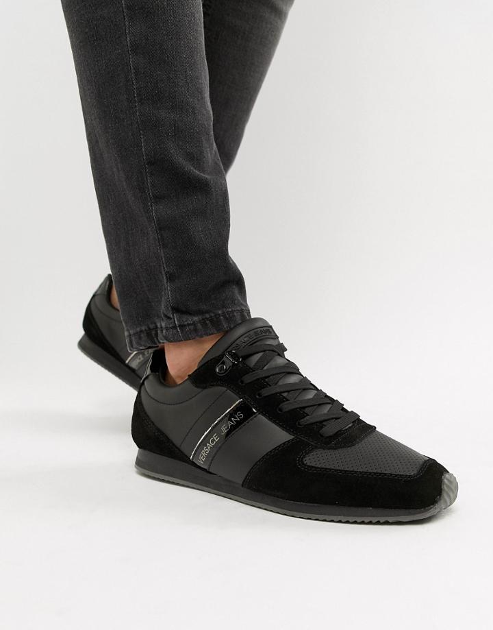 Versace Jeans Leather Sneakers With Red Logo In Black - Black