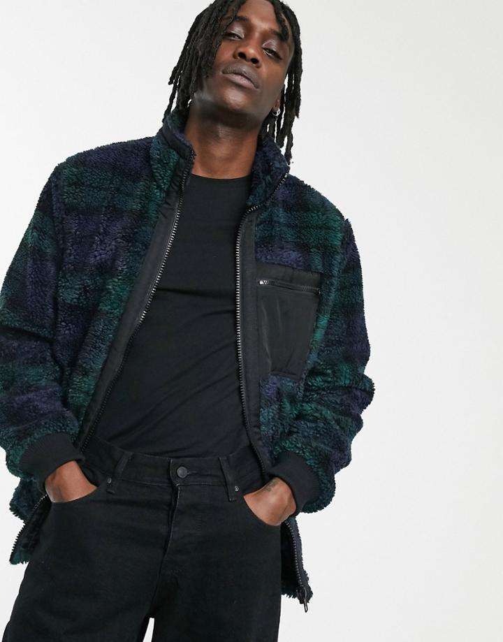 Asos Design Blue And Green Check Borg Jacket - Blue