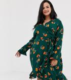 Influence Plus Wrap Frill Skirt Dress In Floral Print - Green
