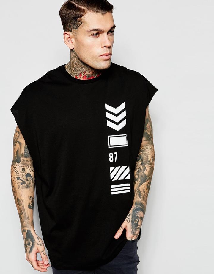 Asos Super Oversized Sleeveless T-shirt With Military Chevron Print - Black