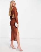 Asos Design Long Sleeve Mesh Ruched Cut-out Maxi Dress-brown
