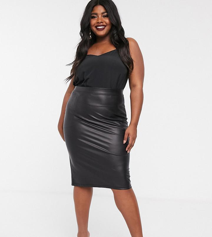 Asos Design Curve Leather Look Midi Skirt-black
