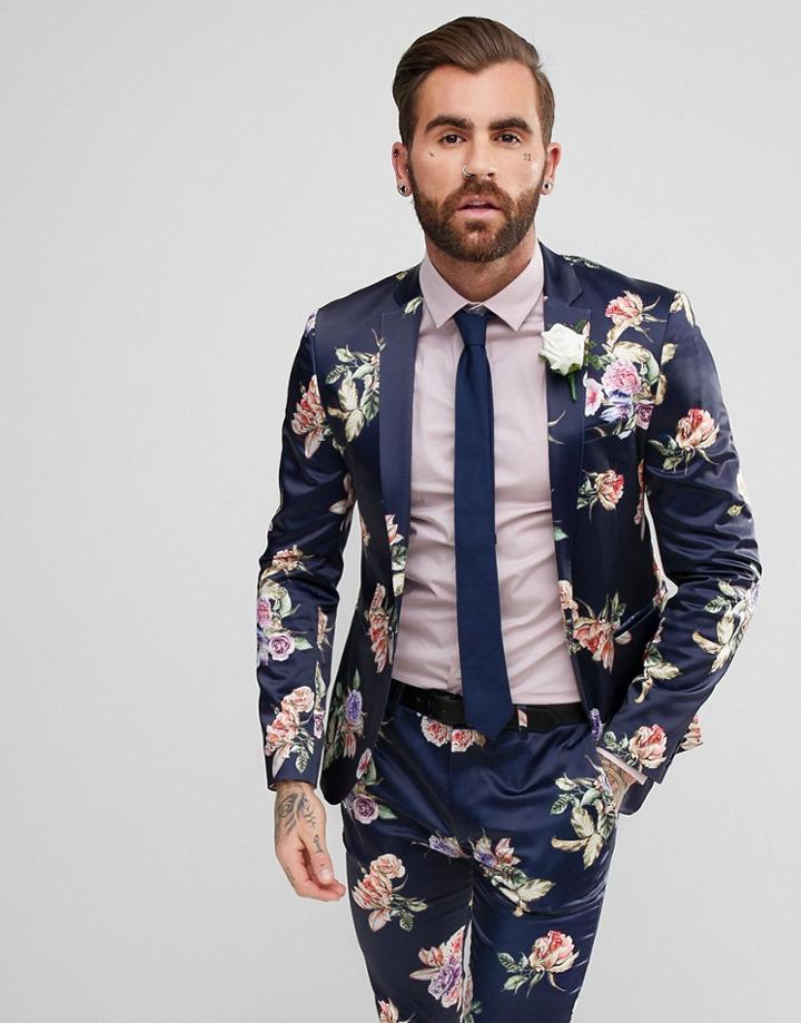 Asos Wedding Super Skinny Suit Jacket With Navy Floral Print - Navy