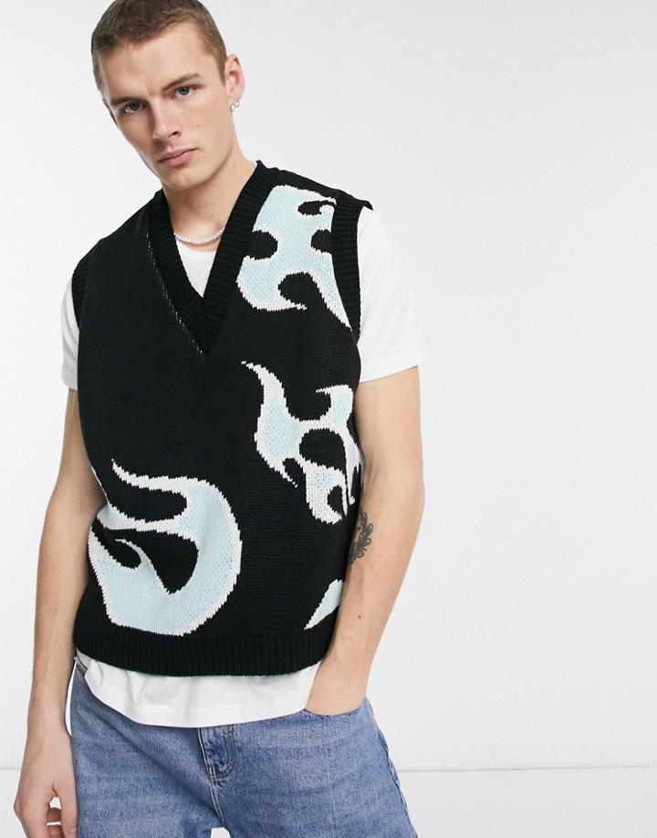 Asos Design Knitted Vest With Flame Pattern In Black