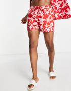 Asos Design Swim Shorts In Floral Print Short Length - Part Of A Set-red