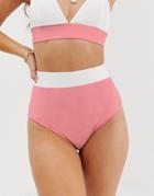 Prettylittlething High Waist Bikini Bottoms With Contrast Panel In Pink And White - Multi