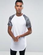 Jack & Jones Longline T-shirt With Camo Raglan Sleeves And Curved Hem - White