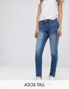 Asos Tall Kimmi Shrunken Boyfriend Jeans In Blake Vintage Darkwash With Stepped Hem - Blue