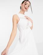 Asos Design Lace Insert Pleated Midi Dress With Drawstring Waist In White