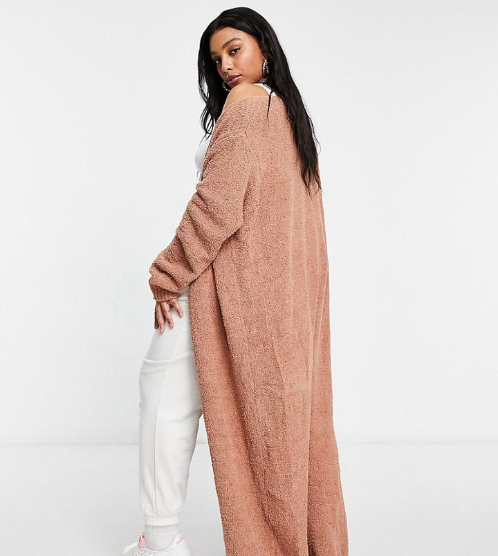 Missguided Plus Popcorn Knit Maxi Cardigan In Mocha-brown