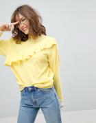 Asos Sweater With Ruffle In Structured Knit - Yellow