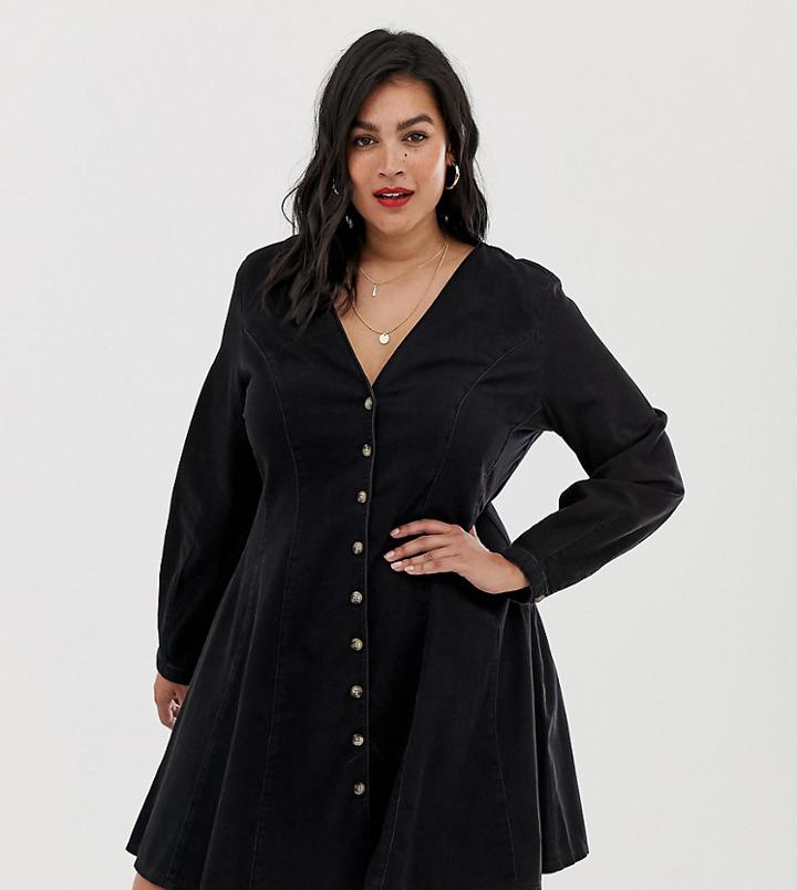 Asos Design Curve Denim Long Sleeve Button Through Tea Dress In Washed Black