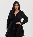 Asos Design Curve Denim Long Sleeve Button Through Tea Dress In Washed Black