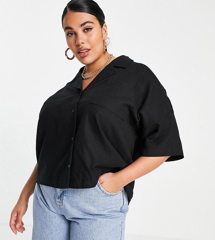 Noisy May Curve Cropped Linen Shirt Set In Black