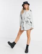 Asos Design Long Sleeve Belted Shirt Dress With Snaps In Gray-grey