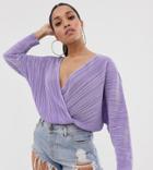 Asos Design Petite Wrap Top In Plisse With Batwing Sleeve-purple