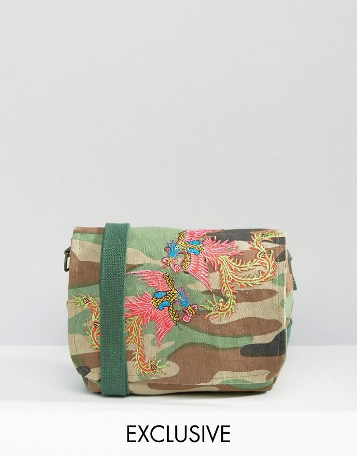 Reclaimed Vintage Camo Cross Body Bag With Dragon Patches - Multi