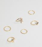 Asos Design Curve Exclusive Pack Of 6 Rings With Shell And Pearl Design In Gold - Gold