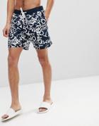 Tommy Hilfiger Long Drawstring All Over Logo Print Swim Shorts In Navy - Navy
