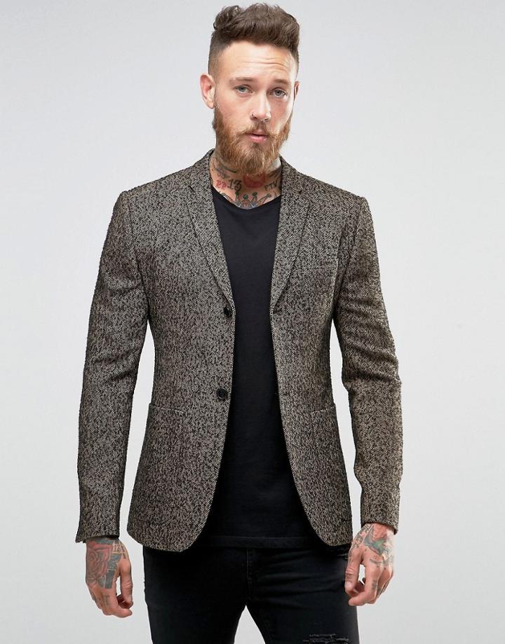 Asos Super Skinny Texture Blazer In Camel - Tan