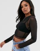 Asos Design Fitted Mesh Top With Contrast Seams - Black