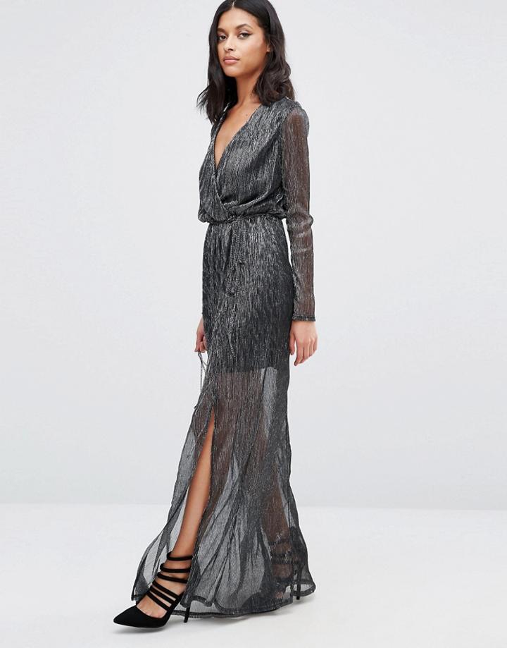Club L Long Sleeve Wrap Midi Dress In Metallic Lurex - Gray