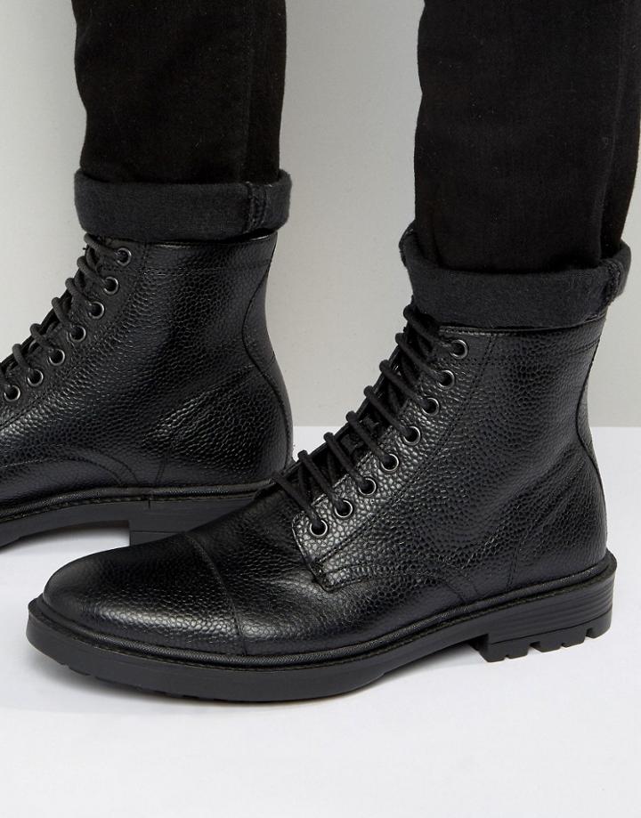 Asos Lace Up Boots In Black Scotchgrain Leather With Toe Cap - Black