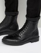 Asos Lace Up Boots In Black Scotchgrain Leather With Toe Cap - Black