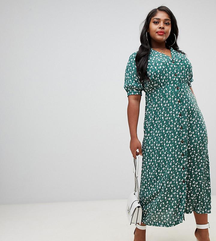Asos Design Curve Button Through Maxi Tea Dress In Ditsy Floral Print - Multi