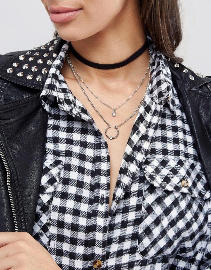 Asos Multirow Ring Charm Choker Necklace - Silver