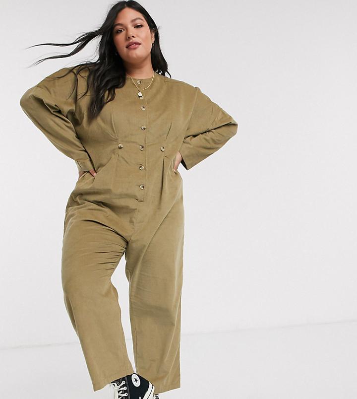 Asos Design Curve Cord Relaxed Boilersuit In Khaki-green