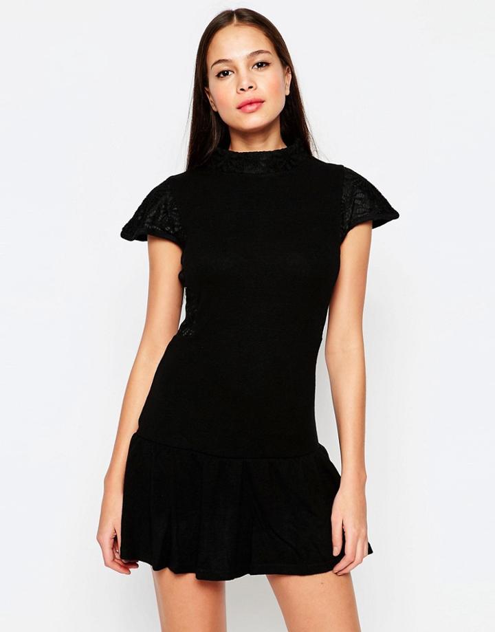 Pussycat London Lace Dress With Drop Hem - Black