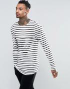 Asos Viscose Stripe Longline Muscle Long Sleeve T-shirt With Curve Hem - White