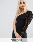 Asos Petite Top With 80s One Shoulder Lace Sleeve - Black