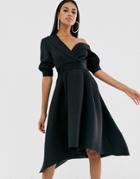 Asos Design Fallen Shoulder Tux Prom Midi Dress-black
