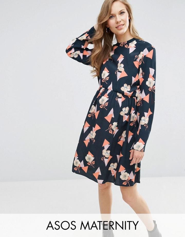 Asos Maternity High Neck A Line Dress In Geo Floral Print - Multi