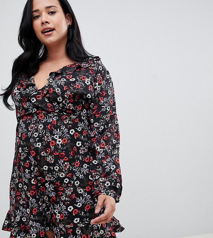 Uttam Boutique Plus Long Sleeve Ditsy Print Frill Wrap Dress - Multi