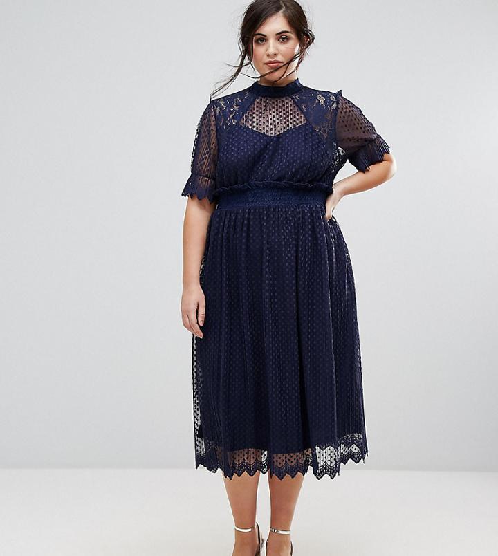 Tfnc Plus High Neck Pleated Lace Midi Dress With Smocked Waist - Navy