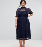 Tfnc Plus High Neck Pleated Lace Midi Dress With Smocked Waist - Navy