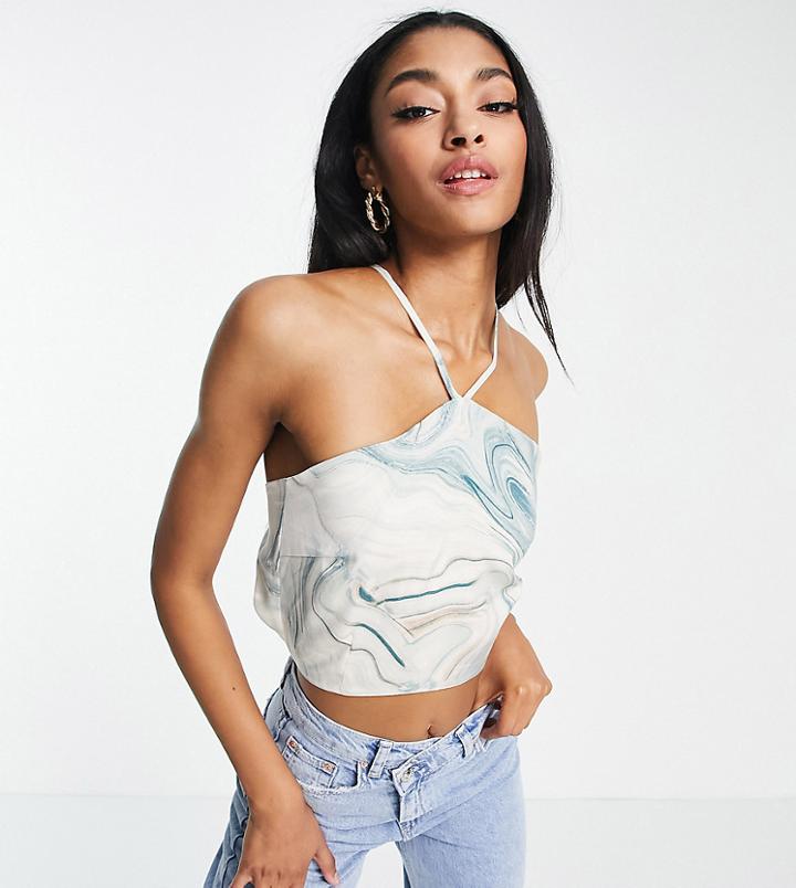 Lola May Tall Strappy Open Back Satin Crop Top In Abstract Print-multi