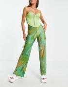 Pull & Bear High Waist Printed Pants In Green