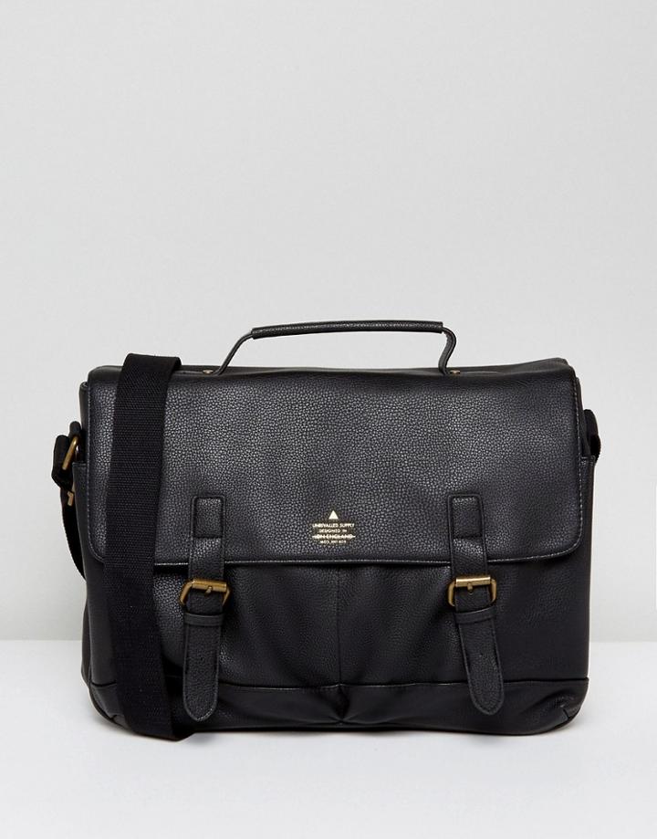 Asos Satchel In Black Faux Leather With Gold Emboss - Black
